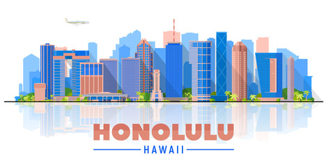 Honolulu Hawaii (United States) city skyline vector background. Flat vector illustration. Business travel and tourism concept with modern buildings. Image for banner or web site.
