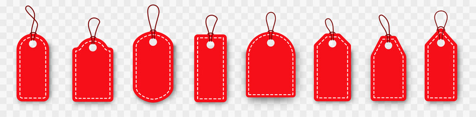 Set of sale tags and labels. Price tag collection. Vector hanging red sales tags with optional transparent shadow. Paper labels set. Special offer. Blank, discount and price. Vector illustration.