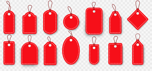 Set of sale tags and labels. Price tag collection. Vector hanging red sales tags with optional transparent shadow. Paper labels set. Special offer. Blank, discount and price. Vector illustration.