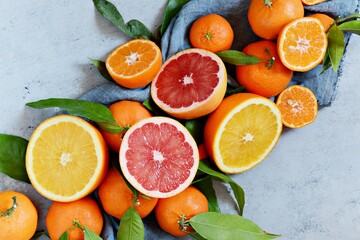 Citrus fruits orange, lemon, grapefruit, mandarin, lime. Fresh fruits. Mixed fruits background. Healthy eating, dieting, healthy breakfast. Background of healthy fresh fruits. 
