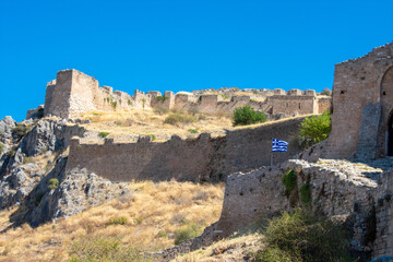 Fototapeta na wymiar Greece, Acrocorinth, Upper Corinth, the acropolis of ancient Corinth, is a monolithic rock overseeing the ancient city of Corinth
