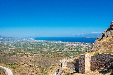 Greece, Acrocorinth, Upper Corinth, the acropolis of ancient Corinth, is a monolithic rock...