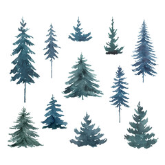 Watercolor vector set with blue fir trees. 