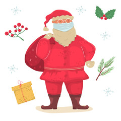Santa Claus with presents. Cute collection of Christmas elements. New Year's character dadicated to winter holidays. Cute hand drawn vector illustration.