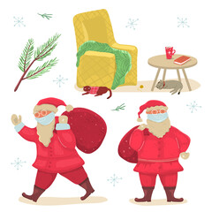 Cute collection of Christmas elements. New Year's characters dadicated to winter holidays. Santa Claus, christmas tree, presents etc. Cute hand drawn vector illustration.