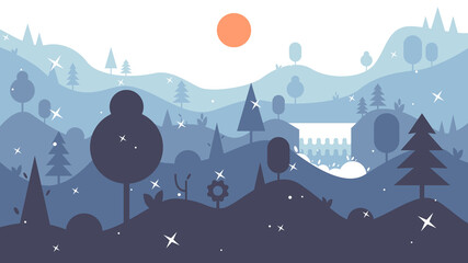Beautiful winter landscape with sun, trees, mountains and a waterfall. Vector illustration. Flat design