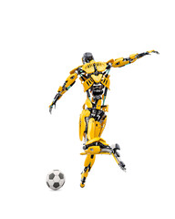 master cyber robot is kicking the football ball rear view