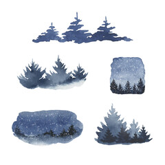Watercolor vector set of forest winter landscapes.