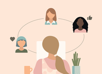 Team of women collaborating and co-creating remotely. Digital collaboration & the future of work illustration.