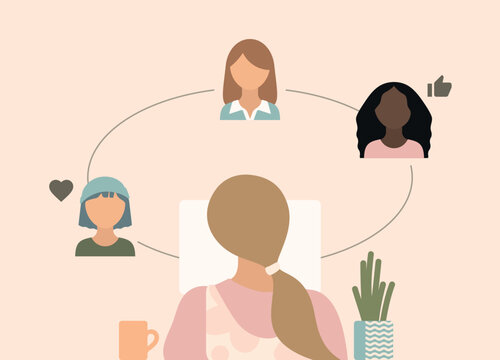 Team of women collaborating and co-creating remotely. Digital collaboration & the future of work illustration.