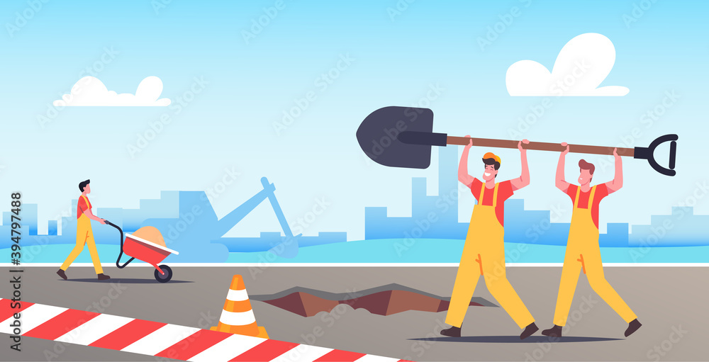 Poster builder characters with huge shovel for digging soil. workers in helmets using spade for removing gr