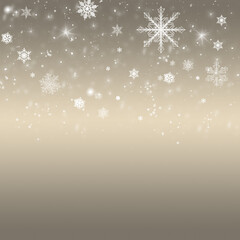 Golden beige snow background blue. Christmas snowfall with defocused flakes. Winter concept with falling snow. Holiday texture and white elements.