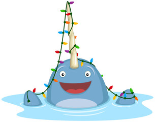 Vector illustration of a happy cartoon narwhal draped in colorful Christmas lights. © Handies Peak