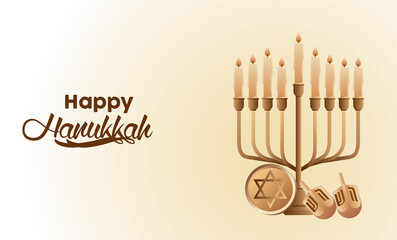 happy hanukkah celebration with golden candelabrum and dreidels