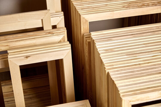 Stretcher bars, stack of wooden frames for canvas wrap