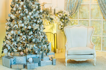 Christmas tree with gifts in a bright living room. white, blue, yellow