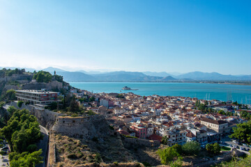Nafplio, Greece Aerial view of buildings and houses on coast of sea 