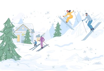 Flat cartoon family characters doing winter outdoor activities,skiing in snow,healthy lifestyle,sport and ski resort concept