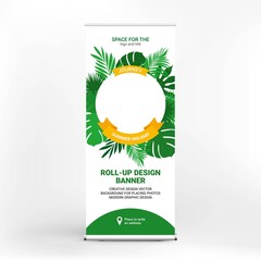 Design of a roll-up banner on the theme of summer holidays, beautiful tropical leaves in the form of a frame with a photo and text placement, creative advertising of a tour Agency © Printing design
