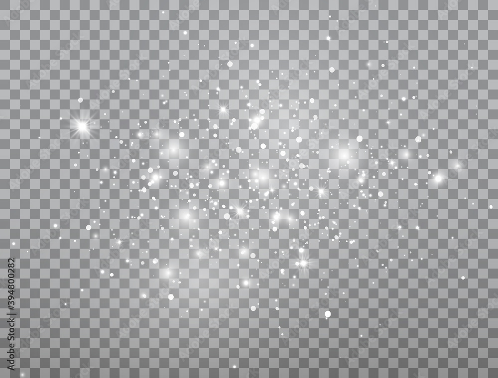 Poster glowing light effect. shining snow composition. bright white sparkles on transparent background. chr