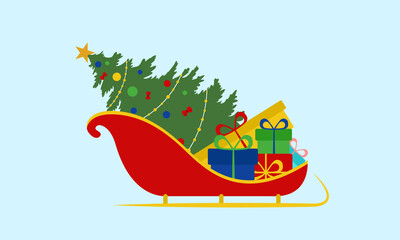 Santa sleigh with gifts and Christmas tree. Vector illustration. Flat design