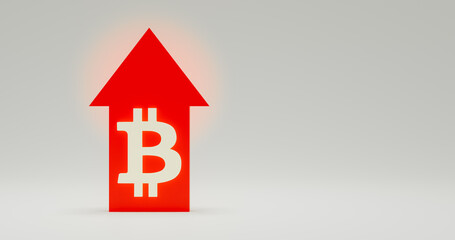 Bitcoin sign on a red arrow background. The rise of cryptocurrencies. Simple background for presentations, business design.