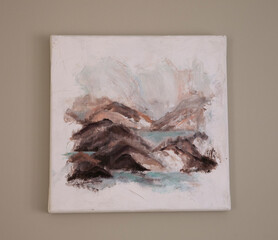 Contemporary art. Modern romantic painting of the mountains with beautiful brushwork texture and colors.
