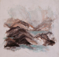 Contemporary art. Closeup view of a modern romantic painting of the mountains with beautiful brushwork texture and colors.