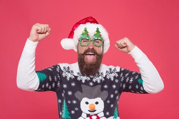 Time to celebrate. merry christmas. bearded man in sweater and glasses for celebration. prepare for xmas party. winter holiday fun. christmas tree decoration. shopping sales concept. happy new year