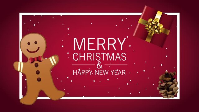 happy merry christmas lettering card with gingerman