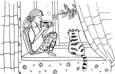 hand-drawn coloring book, a girl and a cat on the window, a girl drinking tea and admiring the view from the window, contour drawing isolated on a white background