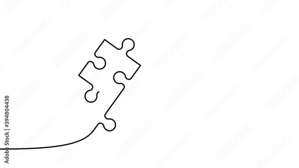 Poster two connected puzzle pieces of one continuous line drawn. jigsaw puzzle element. 4k video animation 