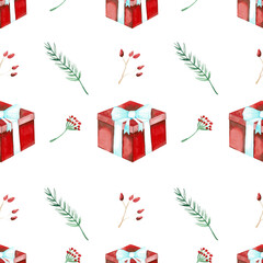 Seamless pattern with watercolor Christmas illustrations. Hand drawn background with elements: gift box, branches, red berries isolated on white background. Great for wrapping paper, fabric