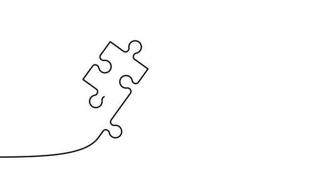 Two connected puzzle pieces of one continuous line drawn. Jigsaw puzzle element. 4K video animation with alpha channel.