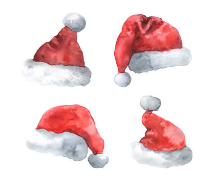 Cute watercolor santa hat. Santa hats on a white background. Cute cozy illustrations for your cards and other designs. Happy New Year!