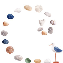 Obraz premium watercolor marine illustration. Hand-painted boats, seagulls, seashells, pebbles, heart-shaped pebble and ducks. Great for greeting cards, posters, invitations, flyers 