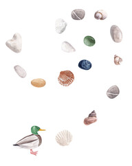 watercolor marine illustration. Hand-painted boats, seagulls, seashells, pebbles, heart-shaped pebble and  ducks. Great for greeting cards, posters, invitations, flyers
