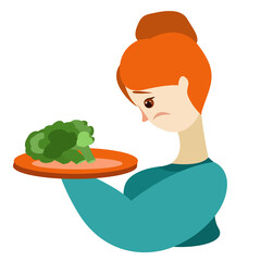 A woman looks sadly at a plate of broccoli