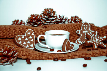 Cup with coffee and gingerbread cookies with a brown scarf on a white background