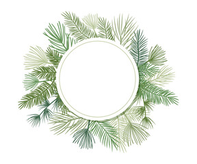 Christmas plant vector circle border with fir and pine branches, evergreen wreath and corners frames. Round nature vintage card, foliage illustration