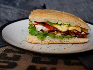 Craft food. Delicious juicy sandwich with chicken, fried egg, tomato and fresh salad.