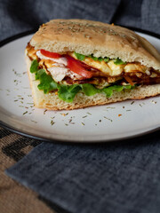 Craft food. Delicious juicy sandwich with chicken, fried egg, tomato and fresh salad.