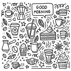Coffee doodle set. Good morning background with beans, cups, mugs and desserts for shop or menu