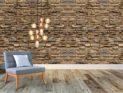 empty living room interior decoration modern lamp and wooden floor, stone wall concept. decorative background for home, office, hotel. 3D illustration
