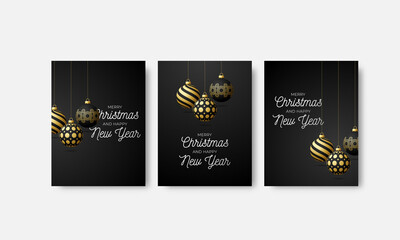 Set of three card Merry Christmas and Happy New Year. Christmas tree, golden glass balls and elegant lettering on black background.