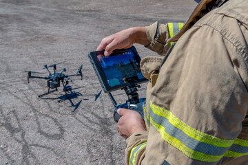 San Rafael, Argentina, november 6, 2020:Drone remote control in hand man.Man operating of flying...