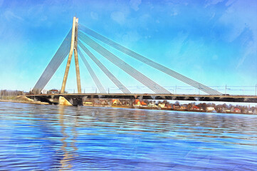 Modern bridge over Daugava river colorful painting looks like picture, Riga, Latvia.