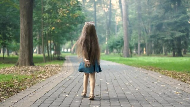 Rear view of a little child girl in summer dress walking alone in green park.