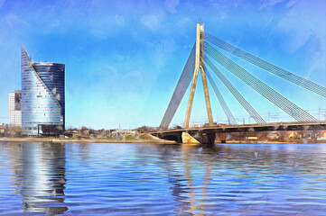 Modern bridge over Daugava river colorful painting looks like picture, Riga, Latvia.
