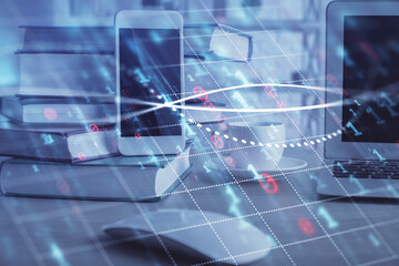 Double exposure of financial graph drawing and cell phone background. Concept of forex trading